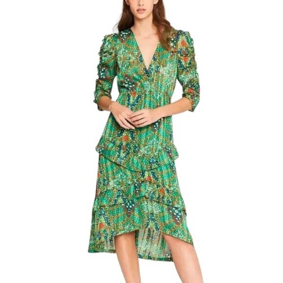 ba&sh Happy Dress Tiered Ruffle Shimmer Metallic High Low Midi Sz 3 Large Green - Picture 1 of 11